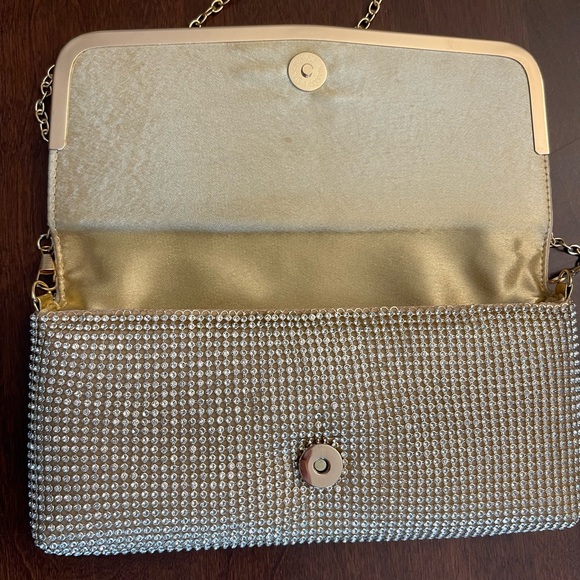 Sparkly Gold Rhinestone Rectangular Evening Clutch Bag w/ Crossbody Chain Strap - Picture 3 of 4